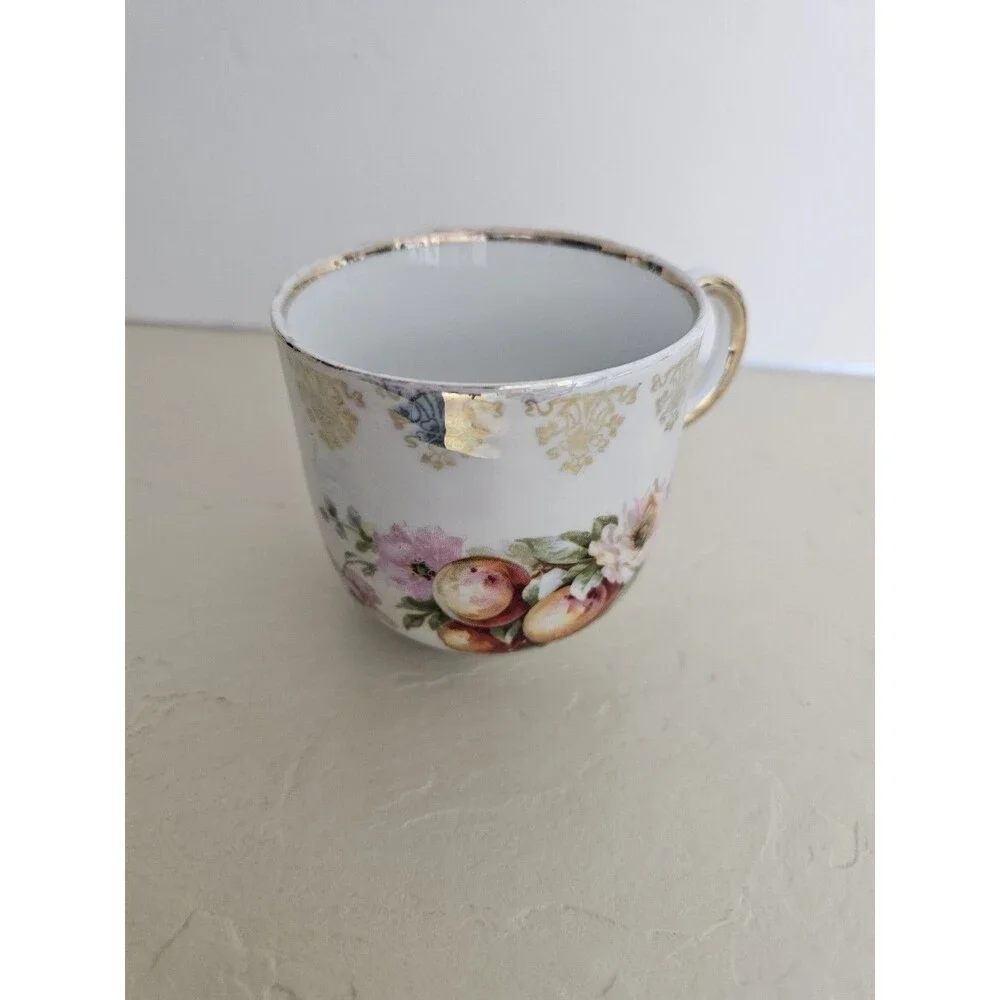 Vintage German Iridescent Cup With Flowers, Fruit, and Gold Details